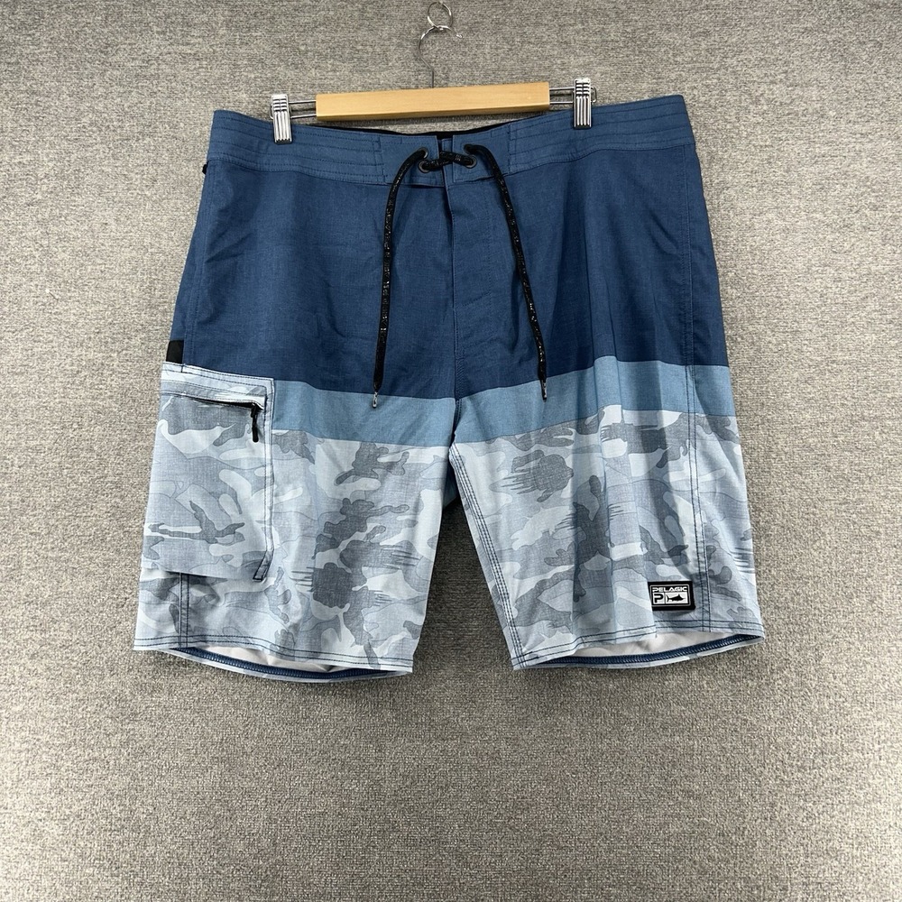 Pelagic High Performance Fishing Shorts Men Size 38 Blue Camouflage Drawstrings
